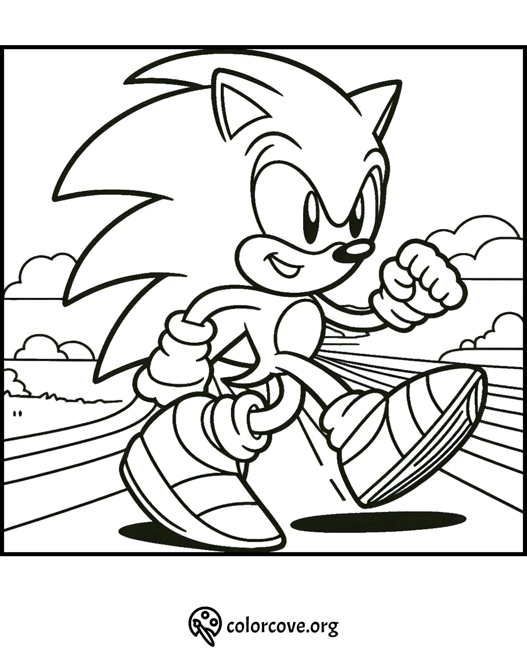 Coloring page featuring a running Sonic the Hedgehog with a dynamic background. Download and print for free at colorcove.org