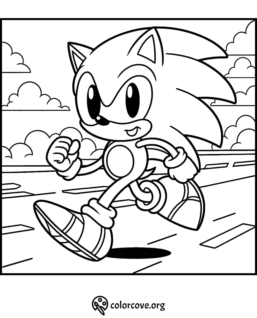 Coloring page of a fast-running cartoon hedgehog character with clouds in the background.