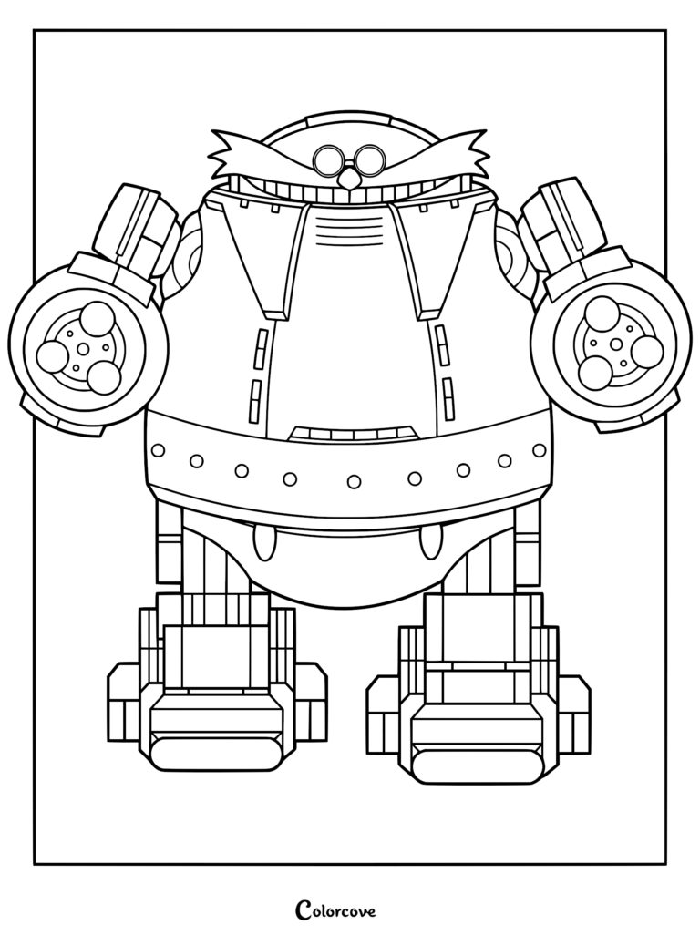 A detailed line art coloring page of the massive Death Egg Robot featuring Dr. Eggman inside the cockpit.
