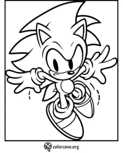 Coloring page of an energetic cartoon hedgehog in action, ready for kids to color and enjoy.
