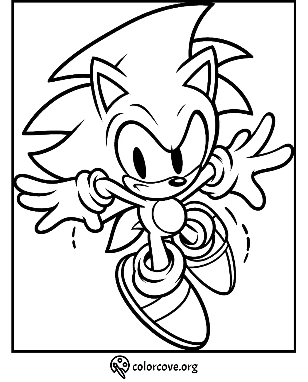 Coloring page of an energetic cartoon hedgehog in action, ready for kids to color and enjoy.