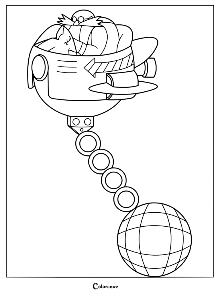 Dr. Eggman piloting his Egg Mobile with a swinging wrecking ball attachment in this printable coloring page.
