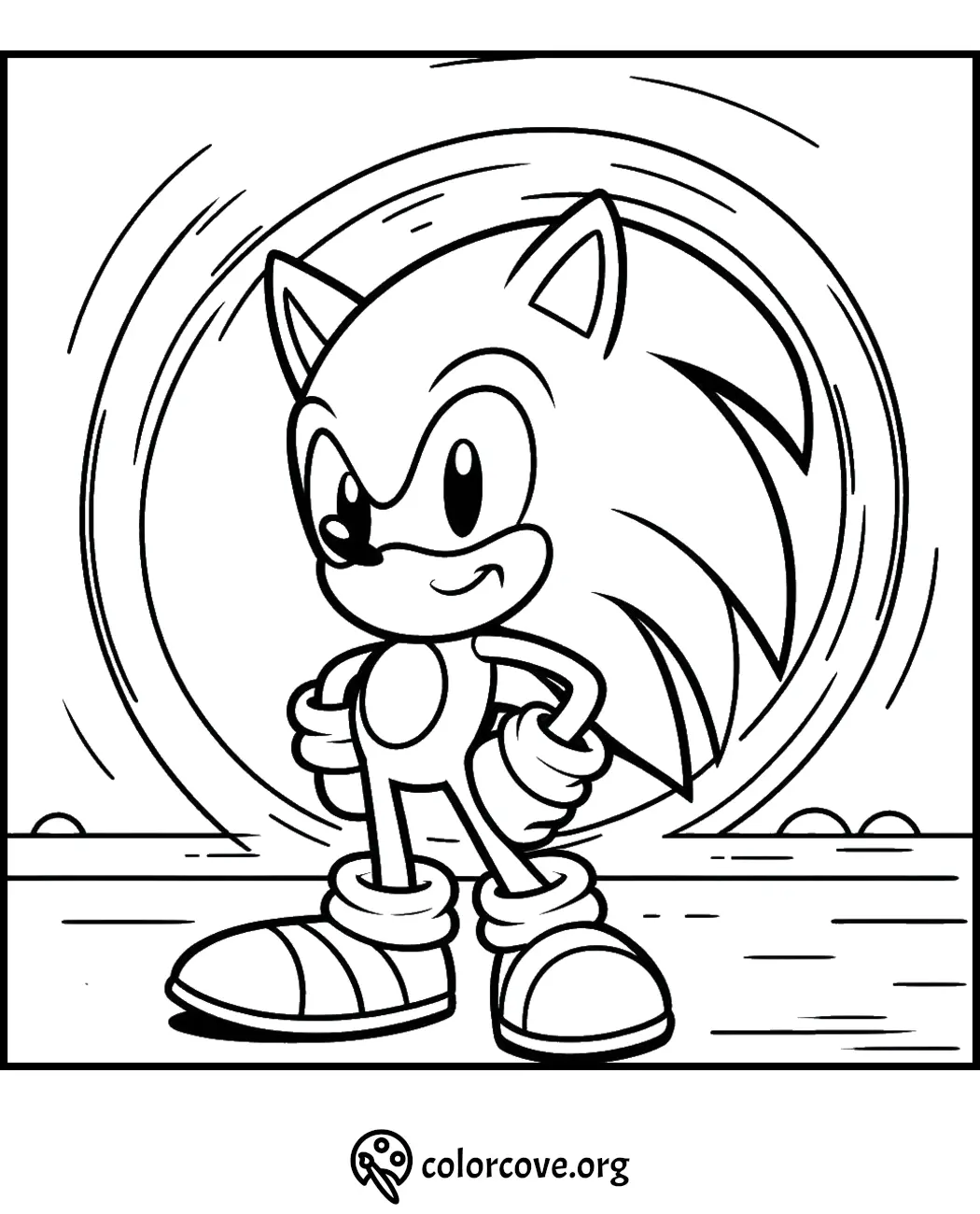 Coloring page featuring a popular blue hedgehog character standing confidently with a background swirl.