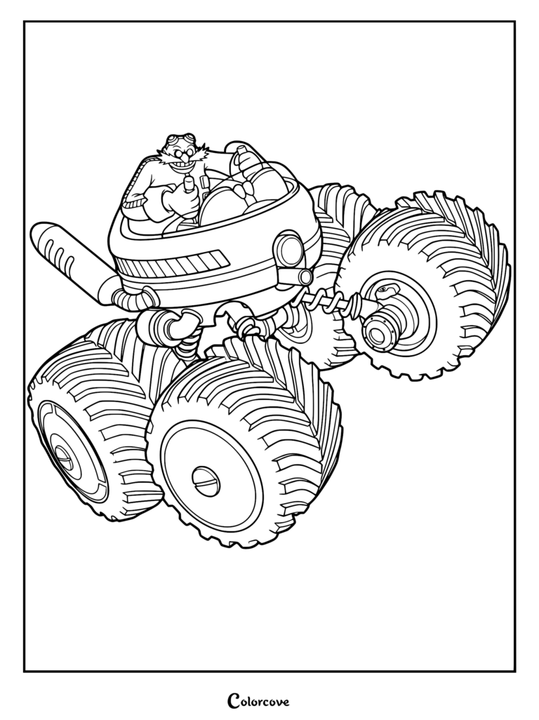 Dr. Eggman driving a large monster truck vehicle, detailed line art coloring page.