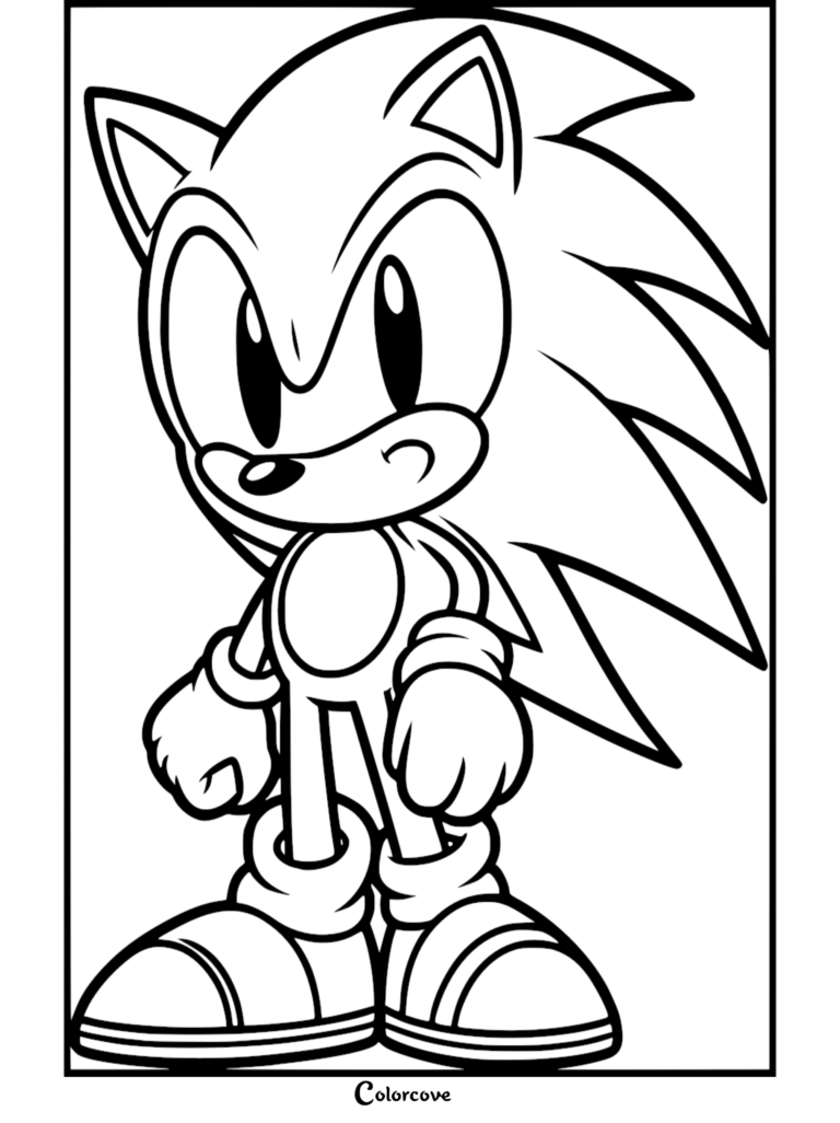 Classic Sonic the Hedgehog standing confidently, black and white coloring page line art.