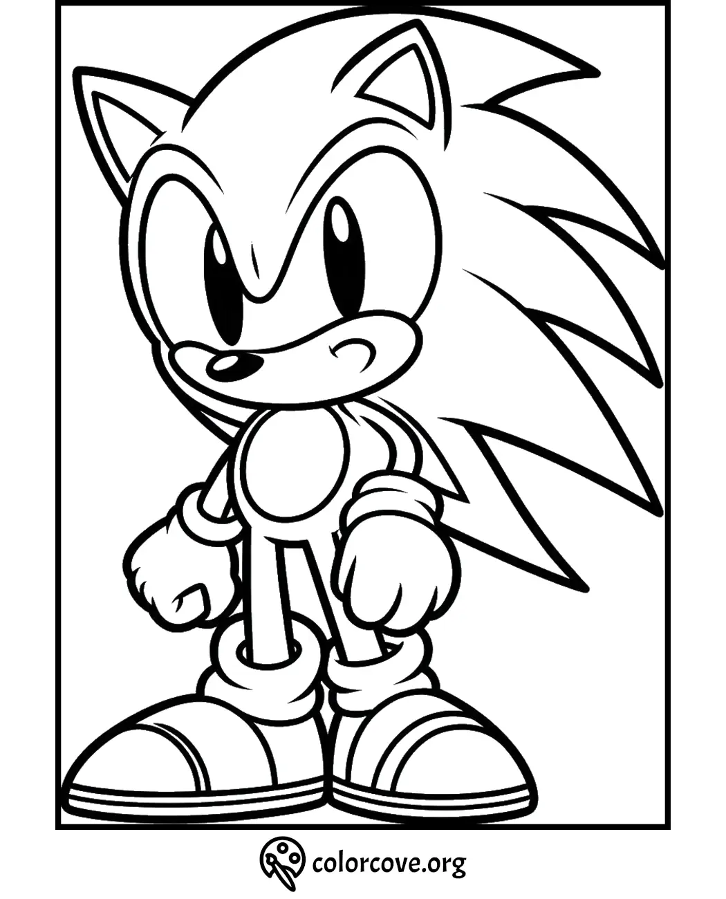 Coloring page of a popular blue hedgehog with spiky hair and large shoes, ready to be filled with vibrant colors.