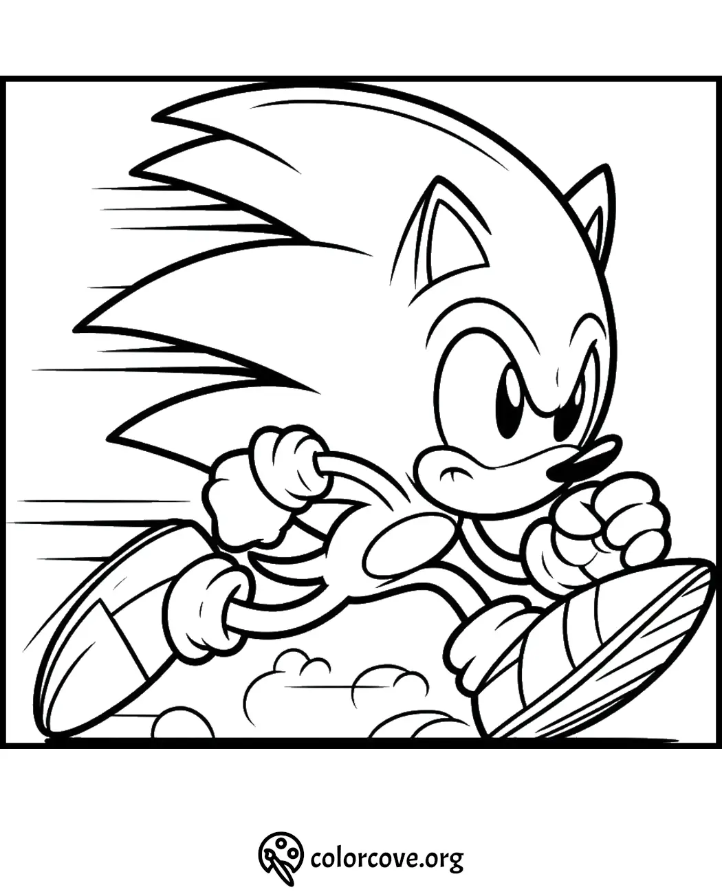 Coloring page of a fast-running cartoon hedgehog with spiky hair and clenched fists from colorcove.org.