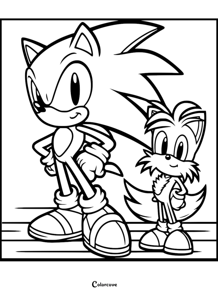 Sonic the Hedgehog standing with hands on hips beside Tails in this clean-lined coloring page.
