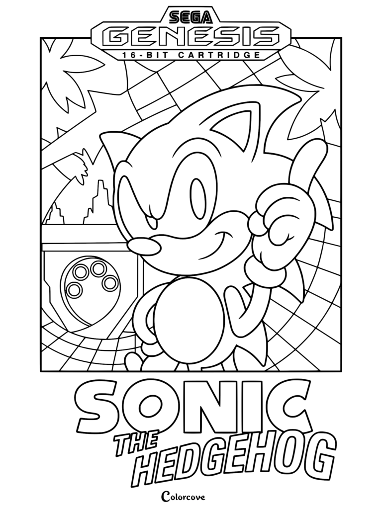 Sonic the Hedgehog standing in front of a Sega Genesis 16-bit cartridge label design, featuring Green Hill Zone palm trees and checkerboard pattern in this printable coloring page.