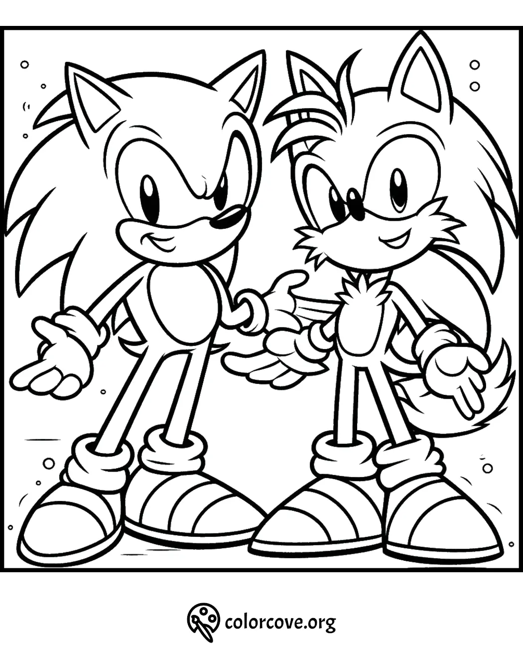 Coloring page featuring two cartoon characters standing together, ready to be colored in by children.