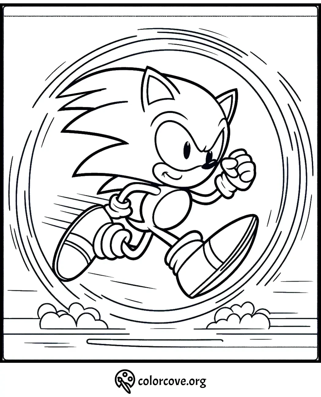 Coloring page of a speedy hedgehog running in a dynamic pose with a determined expression, clouds of dust trailing behind.