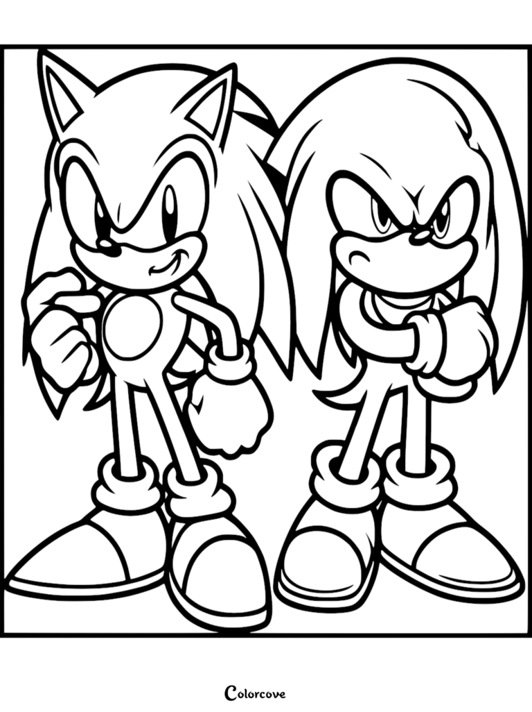 Sonic the Hedgehog standing with arms crossed next to a serious-looking Knuckles the Echidna in a black and white printable coloring page.