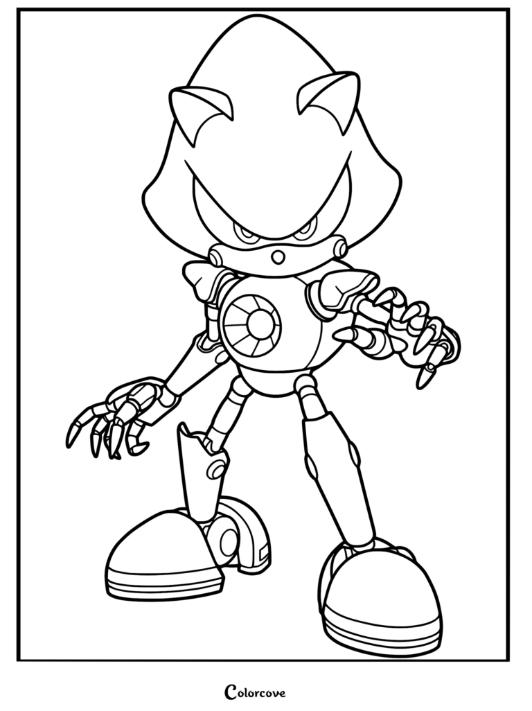 Metal Sonic standing in a menacing pose, detailed robotic line art coloring page.