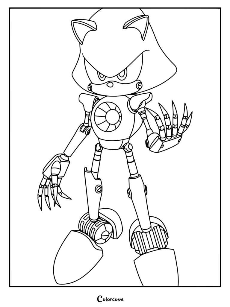 A detailed line art coloring page of Metal Sonic standing in a menacing pose with sharp claws and robotic features.