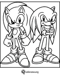 Sonic and Knuckles coloring page for kids. Download and print free printable cartoon character sheets at colorcove.org.