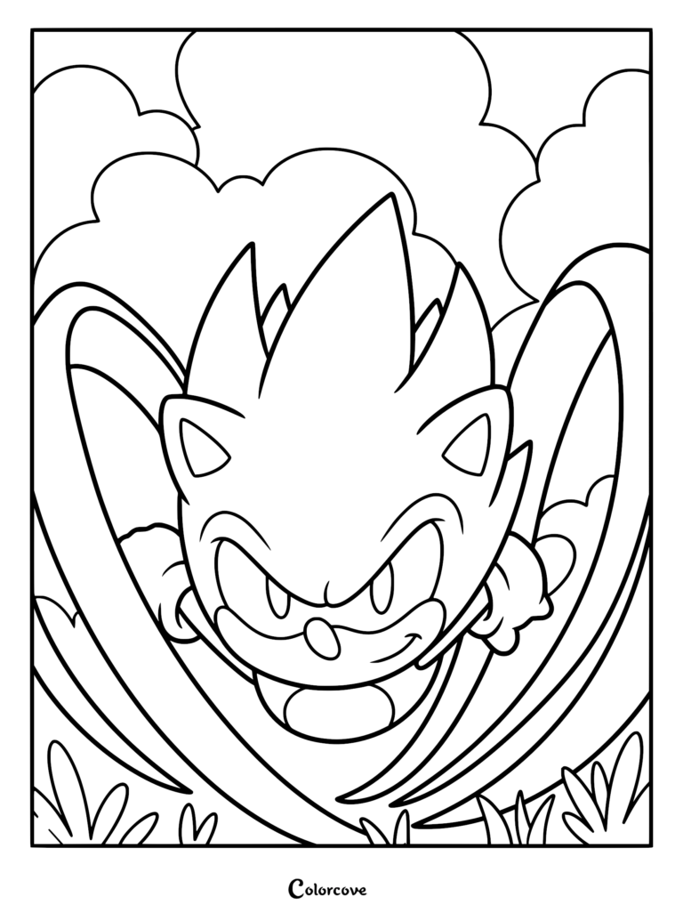 A detailed coloring page of Super Sonic dashing forward at high velocity with wind effects swirling around him.