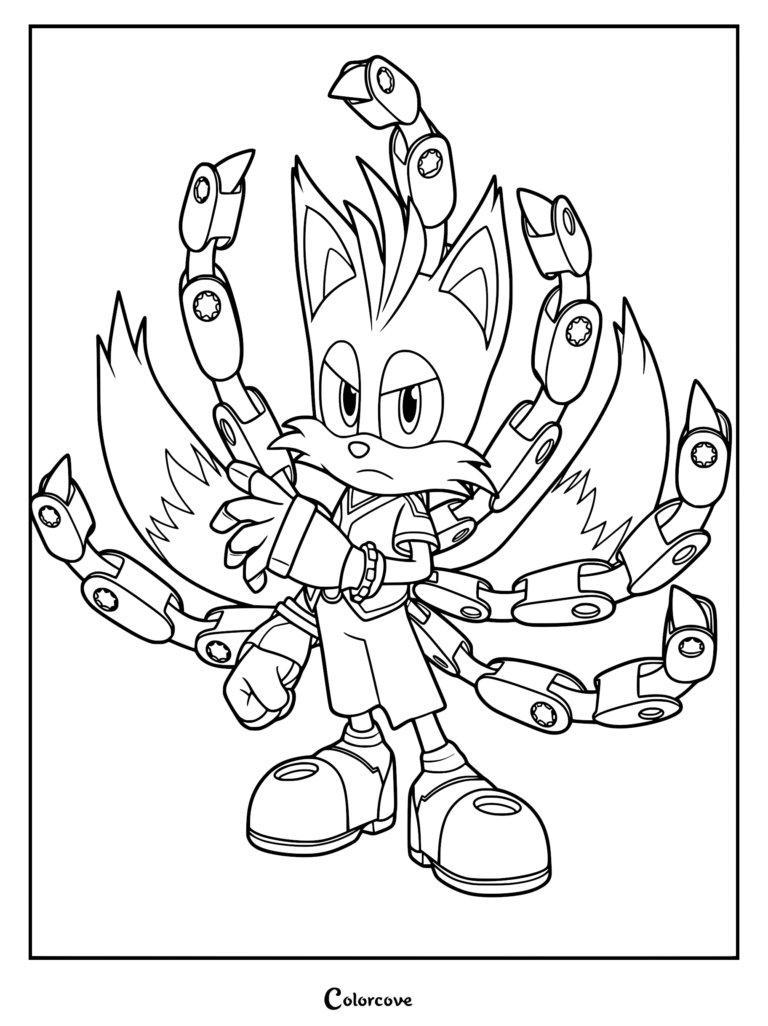 Nine from Sonic Prime with his mechanical tails extended in a coloring page format.