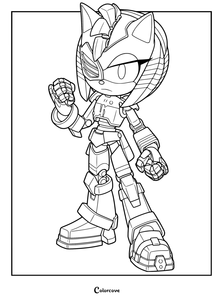 Rusty Rose from Sonic Prime featuring robotic armor and a mechanical eye patch in a detailed line art coloring page.