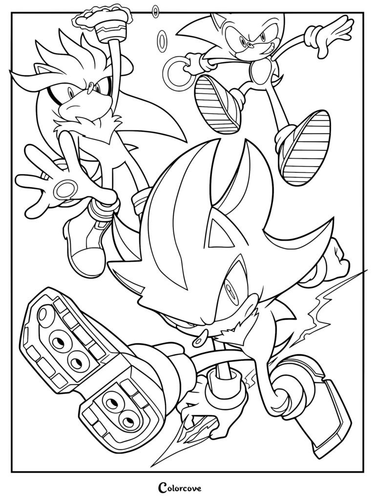 Shadow the Hedgehog in the foreground with Sonic and Silver in the background on a printable coloring page.