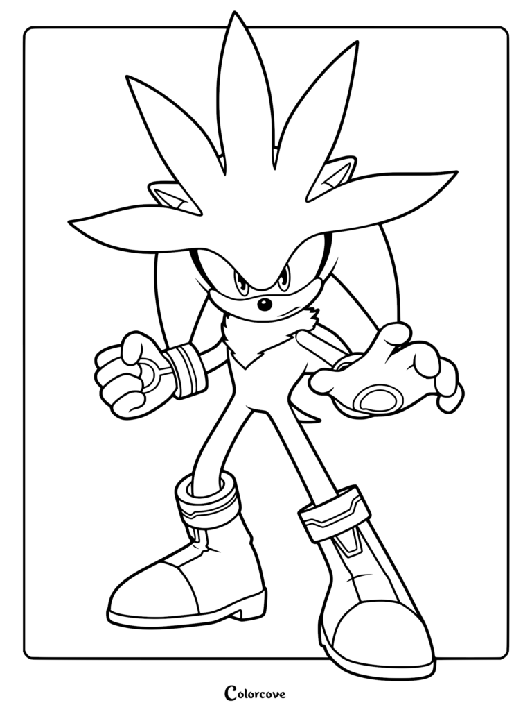 Silver the Hedgehog standing in a dynamic pose with his signature quills and futuristic boots on a printable coloring page.