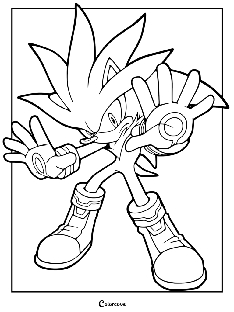 Silver the Hedgehog using his psychokinetic powers in a dynamic pose, featured on a printable coloring page.