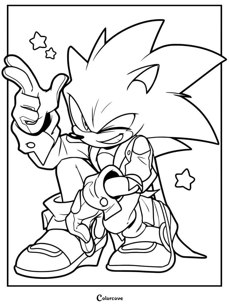 Sonic winking and making a finger gun gesture in this printable coloring page.