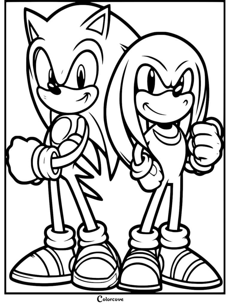 Sonic and Knuckles standing side by side in a printable coloring page, bold black line art on a white background.