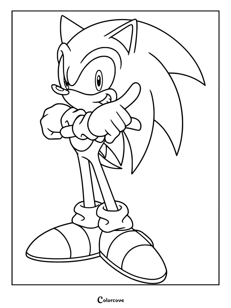 Sonic standing with arms crossed and pointing his finger in this printable coloring page.