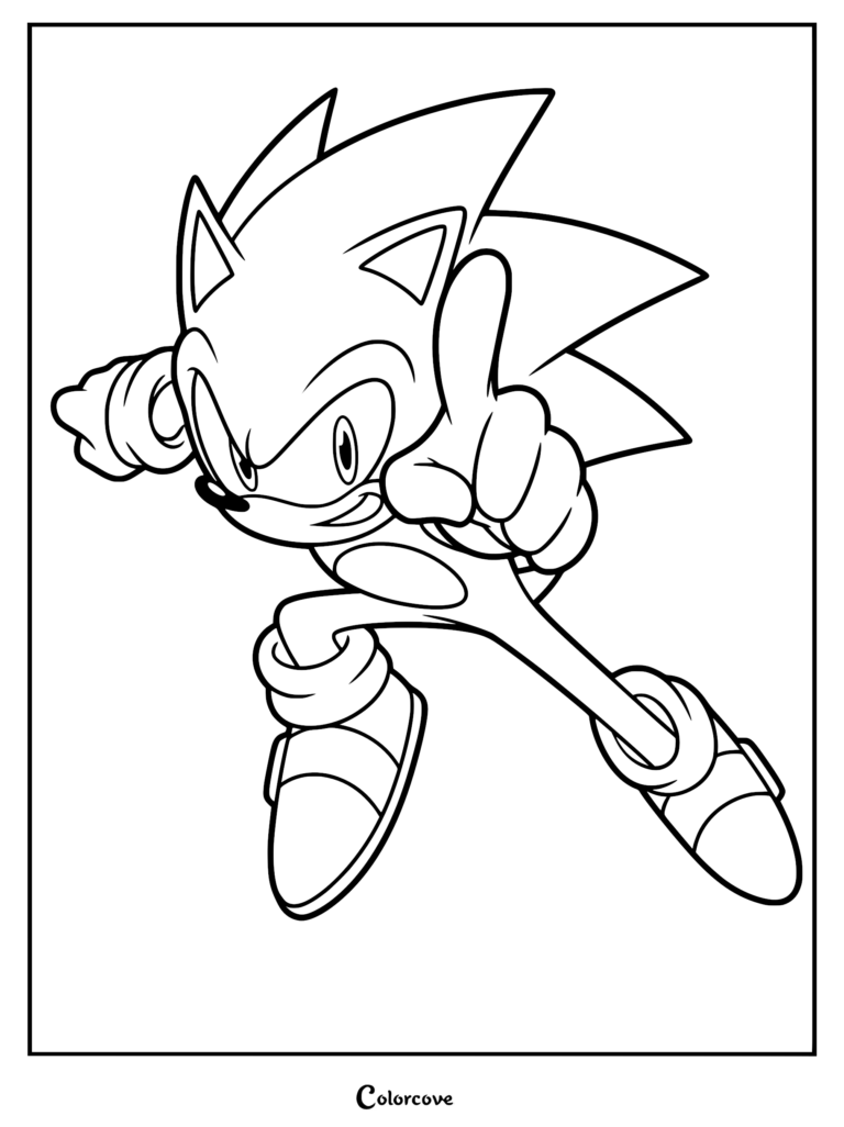 Sonic the Hedgehog in a dynamic pose pointing his finger forward in this printable coloring page.