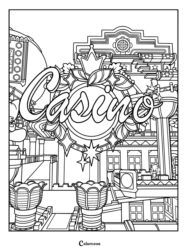 Sonic standing in front of a large Casino sign in this detailed Sonic Casino coloring page.