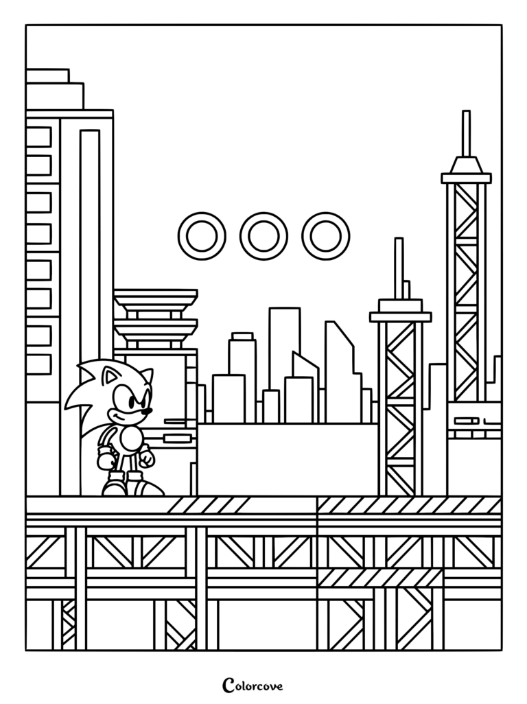 Sonic standing on a platform in the Chemical Plant Zone with three rings floating above, printable coloring page.