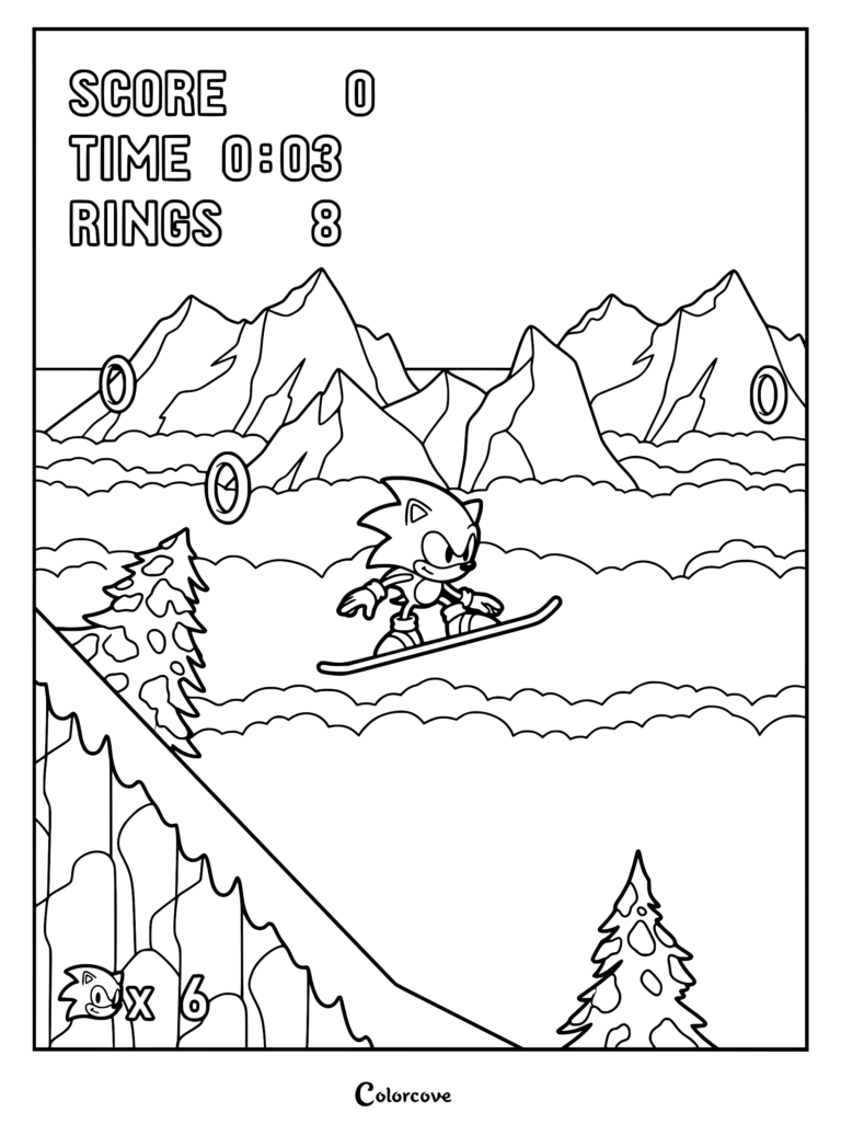 Sonic snowboarding down a snowy mountain in a City Escape level coloring page with rings and game UI.