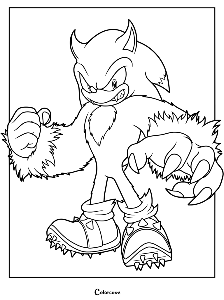 Sonic the Werehog with sharp claws and spiked shoes in a dynamic pose for a printable coloring page.