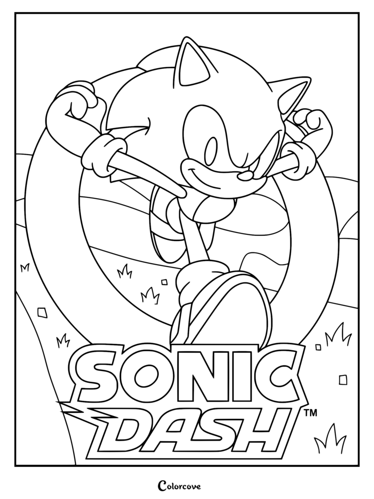 Sonic the Hedgehog running through a large golden ring in a Sonic Dash game-themed coloring page.