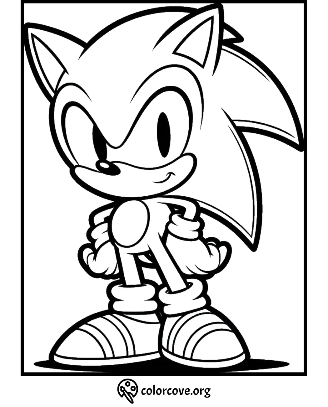 Cartoon hedgehog coloring page, cute character with large eyes and sneakers, free printable at colorcove.org.