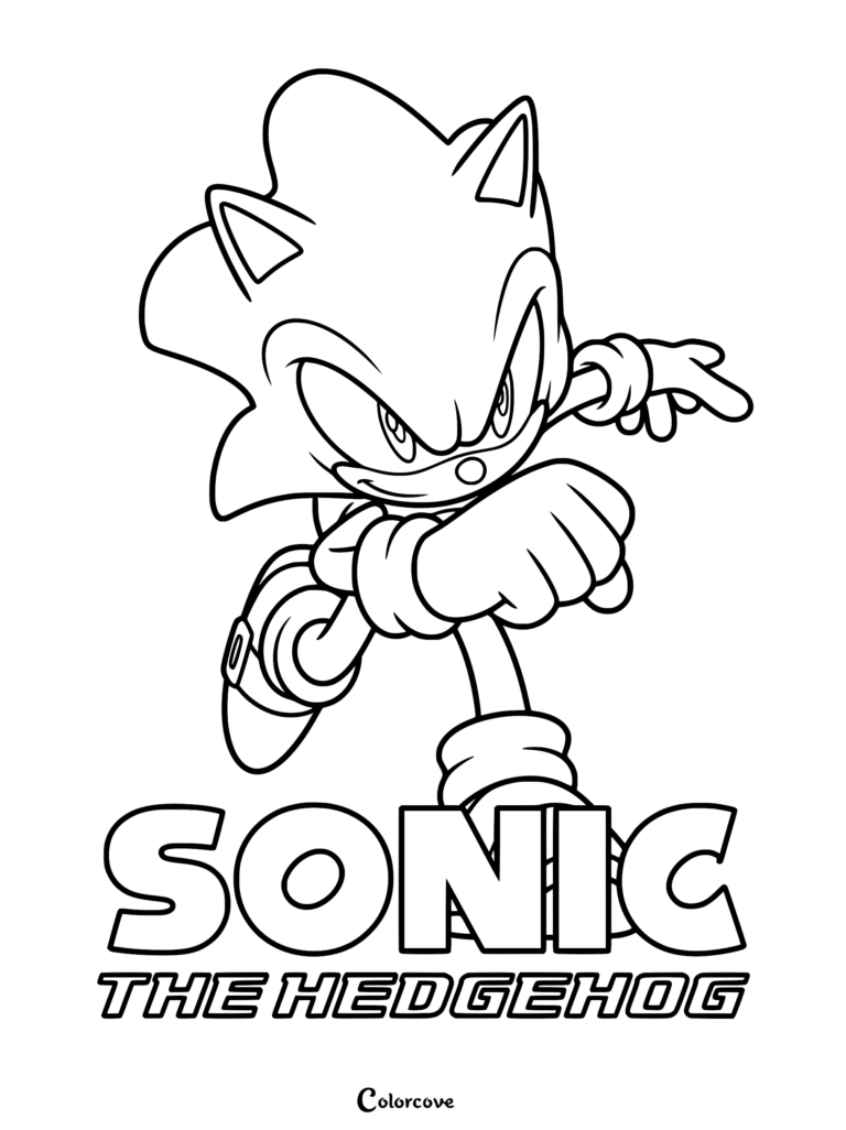 A line art coloring page of Sonic the Hedgehog in a dynamic running pose, positioned above the bold Sonic the Hedgehog logo.