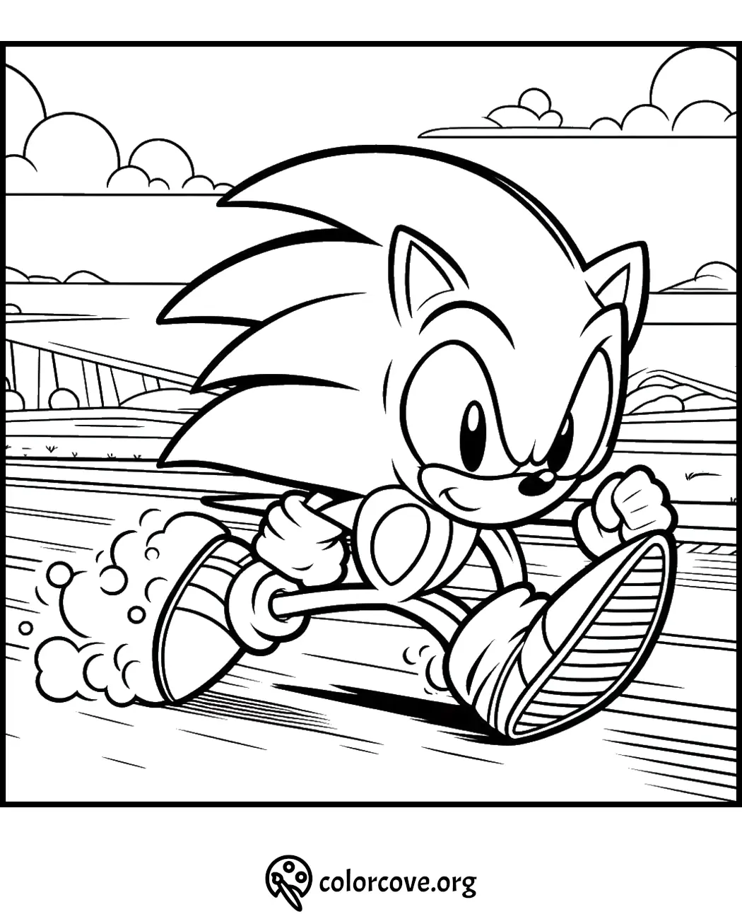 Coloring page of a cartoon hedgehog running at high speed, background with clouds and landscape.