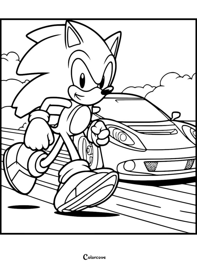 Sonic the Hedgehog walking confidently on a road beside a modern sports car in this detailed printable coloring page.