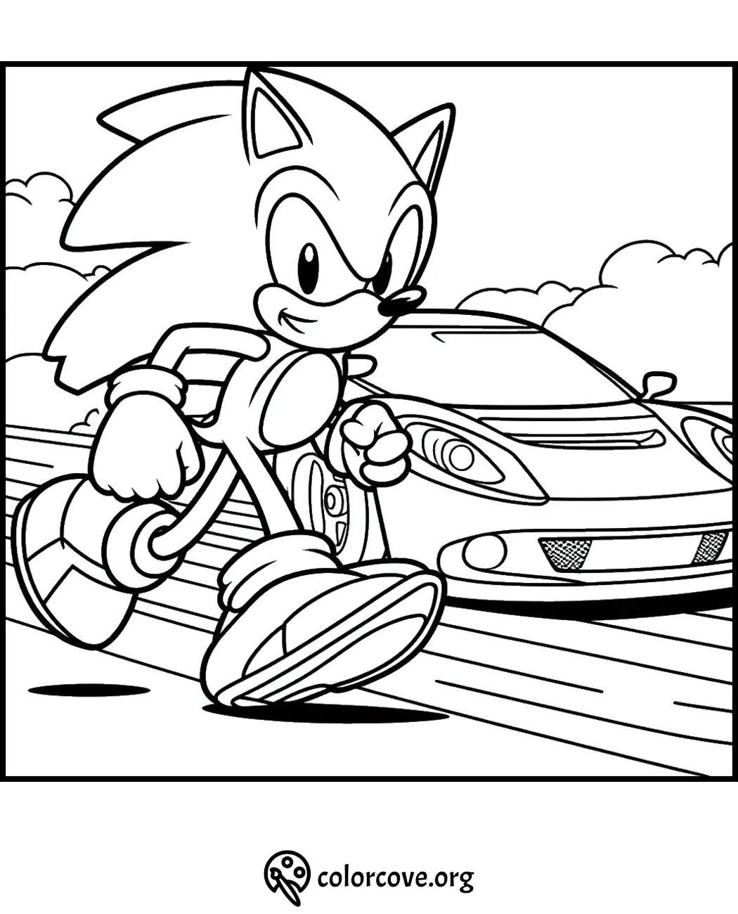 Sonic the Hedgehog coloring page with Sonic running in front of a sports car on a road, clouds in the background.