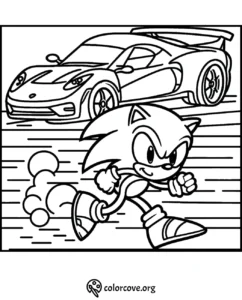 Coloring page of a running hedgehog character and a sports car for kids to color. Download at colorcove.org.