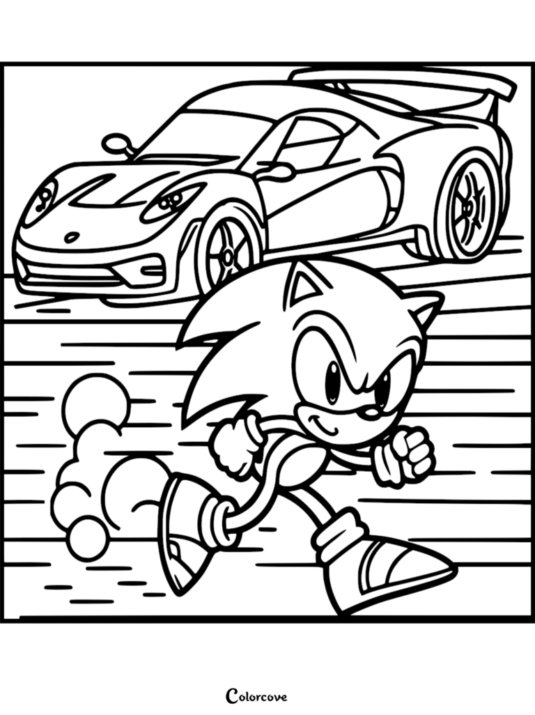 Sonic the Hedgehog sprinting past a high-performance race car in this printable coloring page.