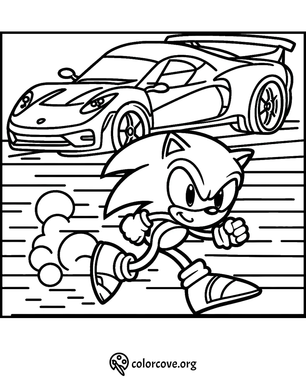 Coloring page of a running hedgehog character and a sports car for kids to color. Download at colorcove.org.