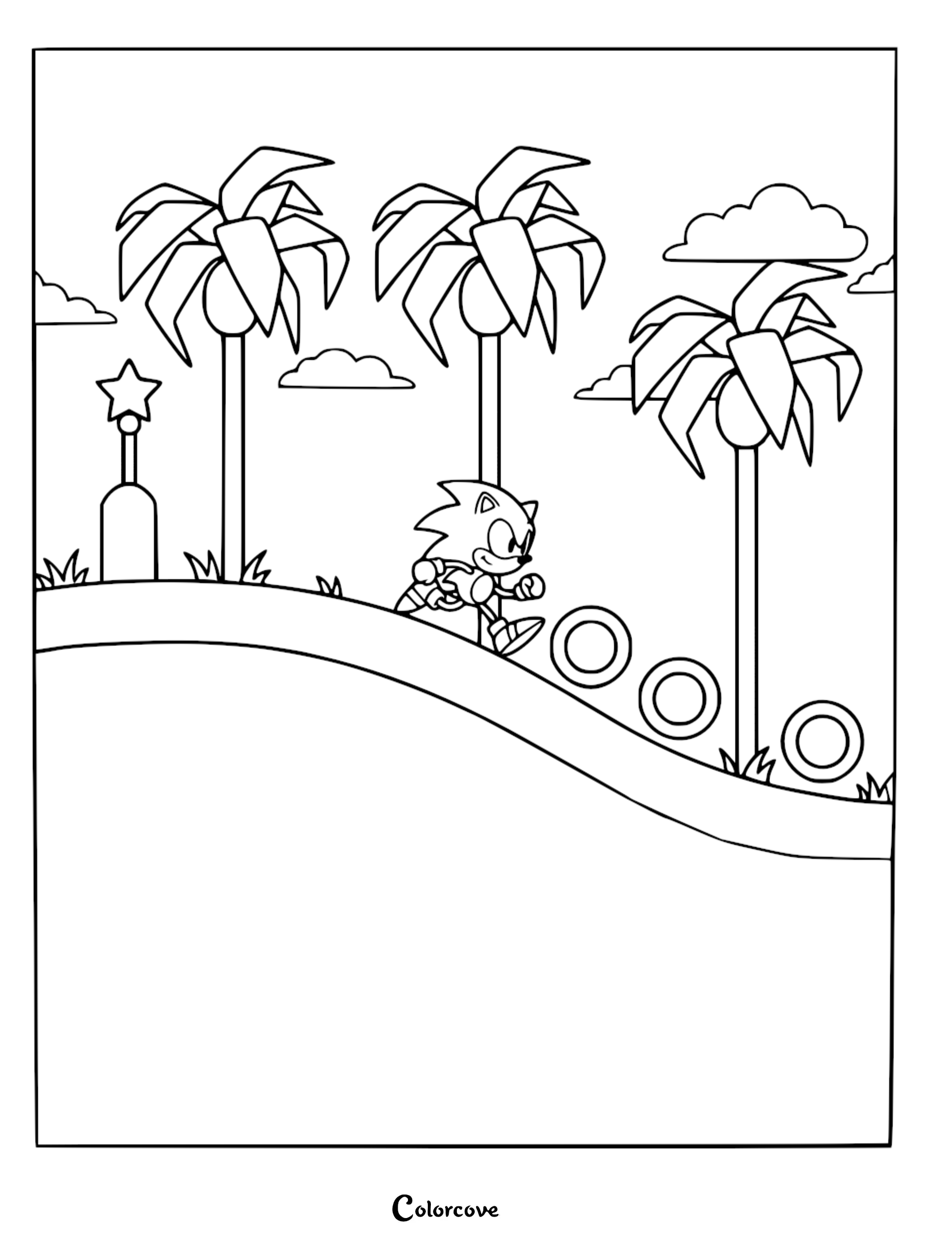 Sonic the Hedgehog running past palm trees and collecting golden rings in a Green Hill Zone coloring page.