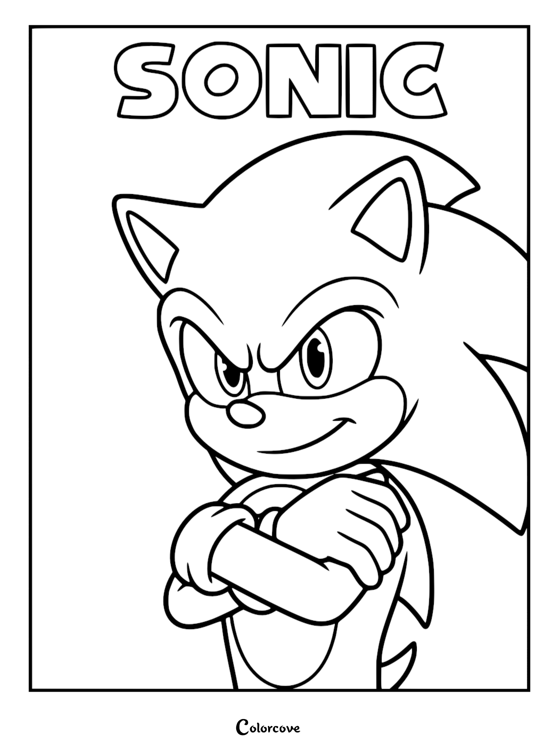 Sonic the Hedgehog with arms crossed and a confident grin, bold line art coloring page.