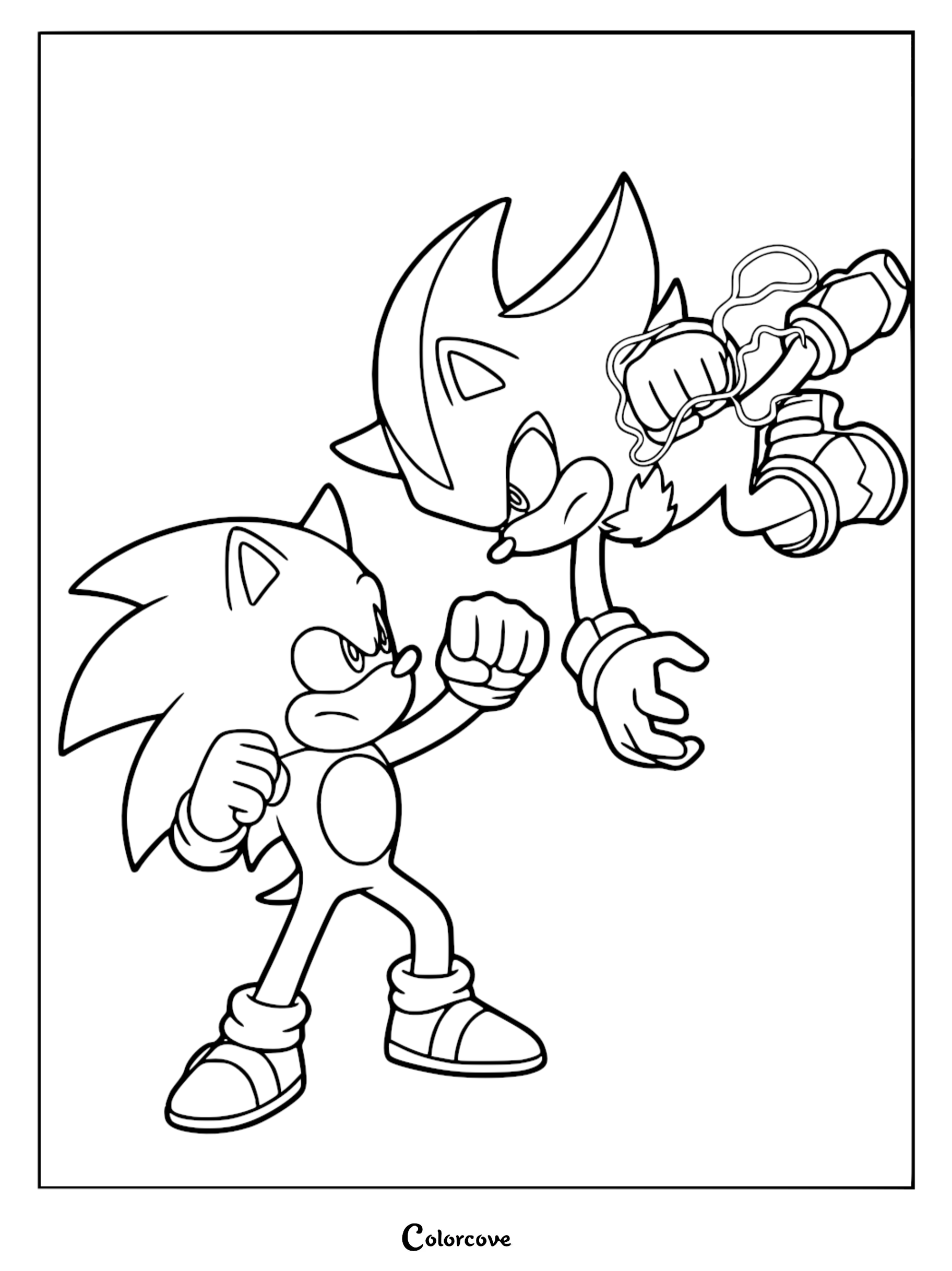 Sonic the Hedgehog in a fighting stance facing off against Shadow the Hedgehog in a high-action digital line art coloring page.