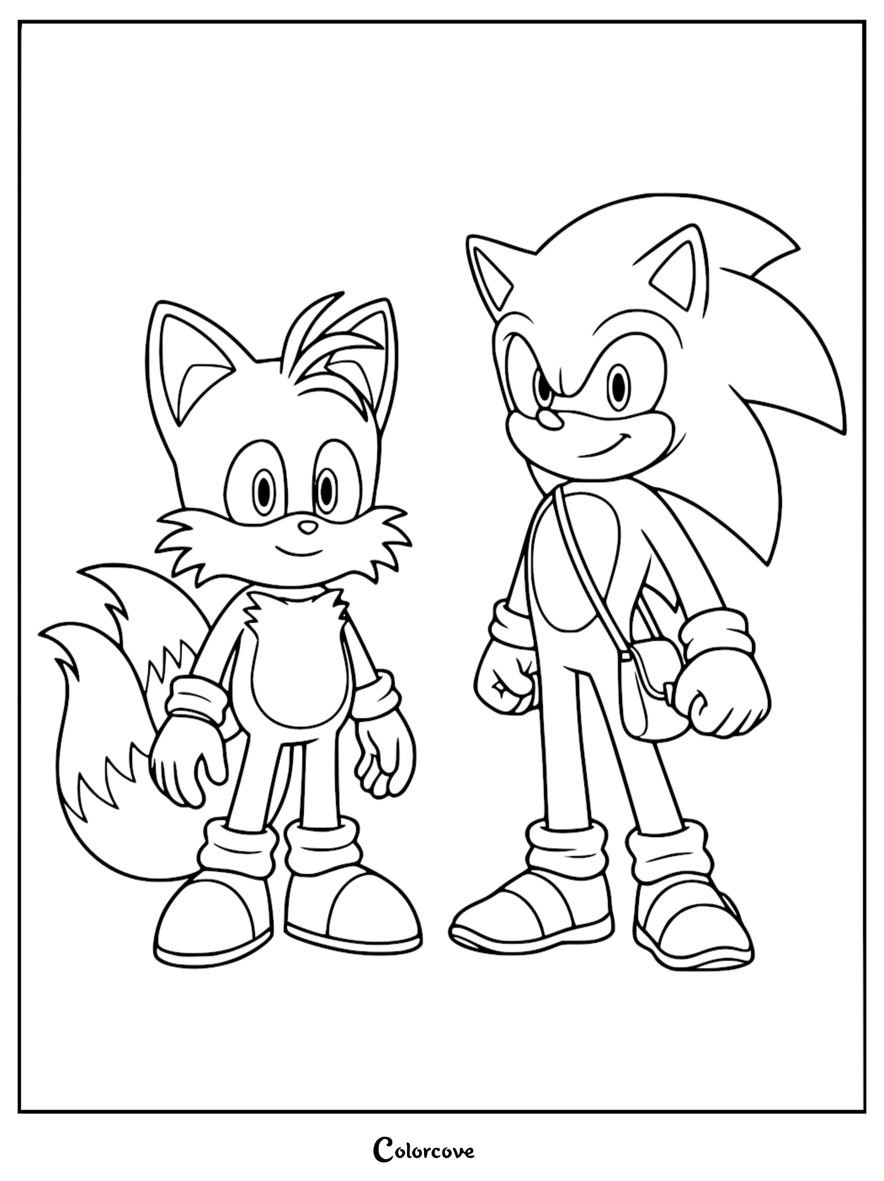 A printable Sonic and Tails coloring page featuring the two friends standing together, with Sonic wearing a shoulder bag.