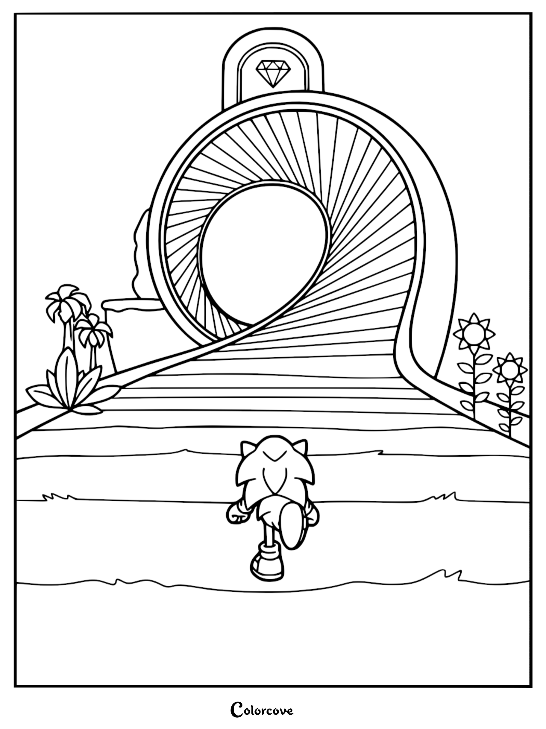 Sonic the Hedgehog running toward a large Green Hill Zone loop-de-loop obstacle, coloring page line art.
