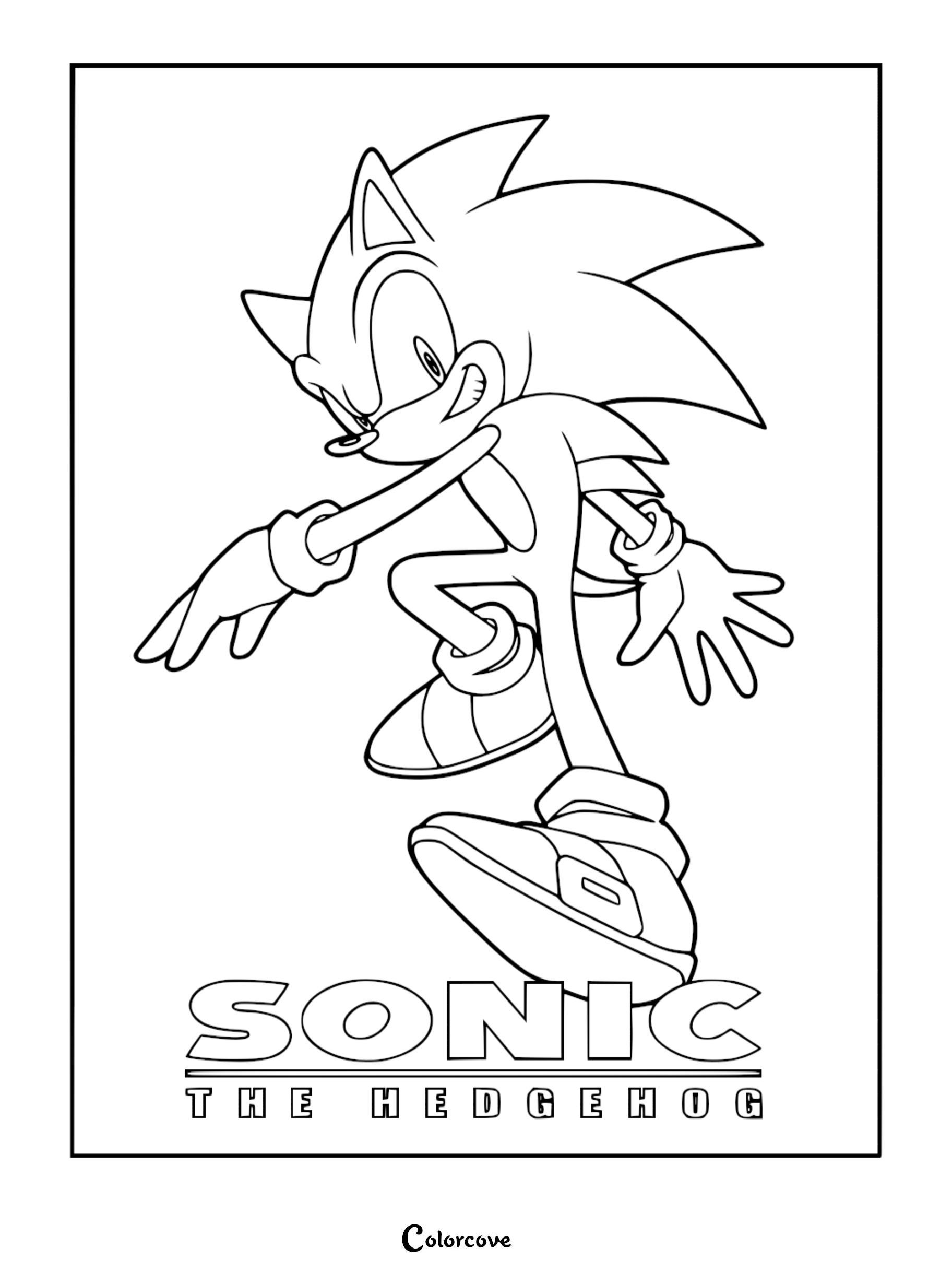 Sonic the Hedgehog in a dynamic landing pose, outline style coloring page with bold lines.