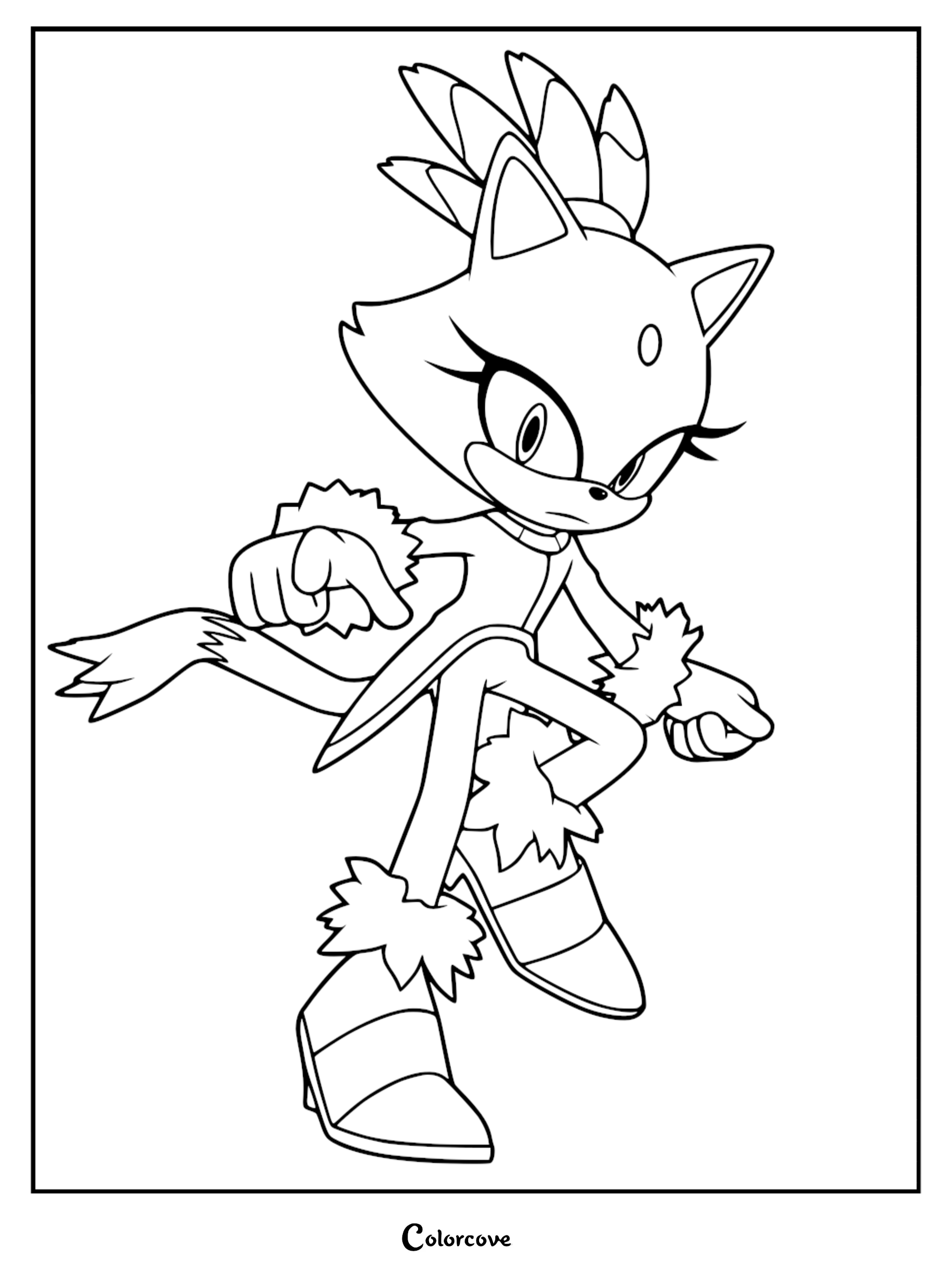 Blaze the Cat from Sonic in a dynamic action pose, featuring her signature pointed ears, flame-like hair, and fur-lined cuffs, presented as a printable coloring page.