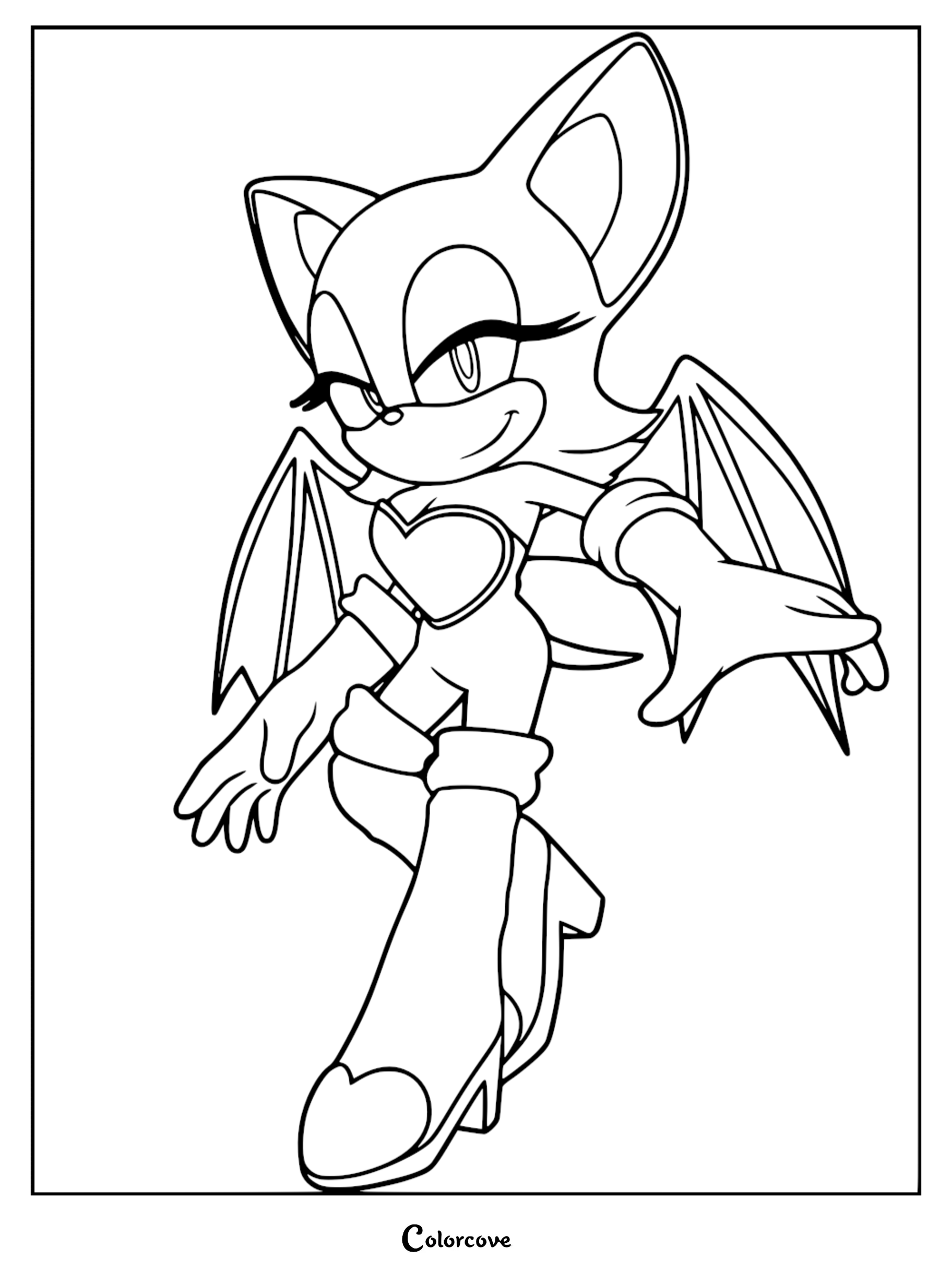 Rouge the Bat from Sonic with her signature wings, heart-shaped chest plate, and boots in a detailed line art coloring page.